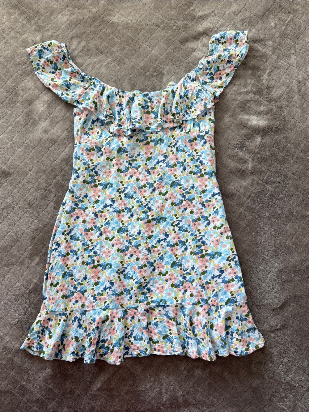 Abercrombie & Fitch Floral Ruffle Off-Shoulder Mini Dress - Pink, Blue & Green